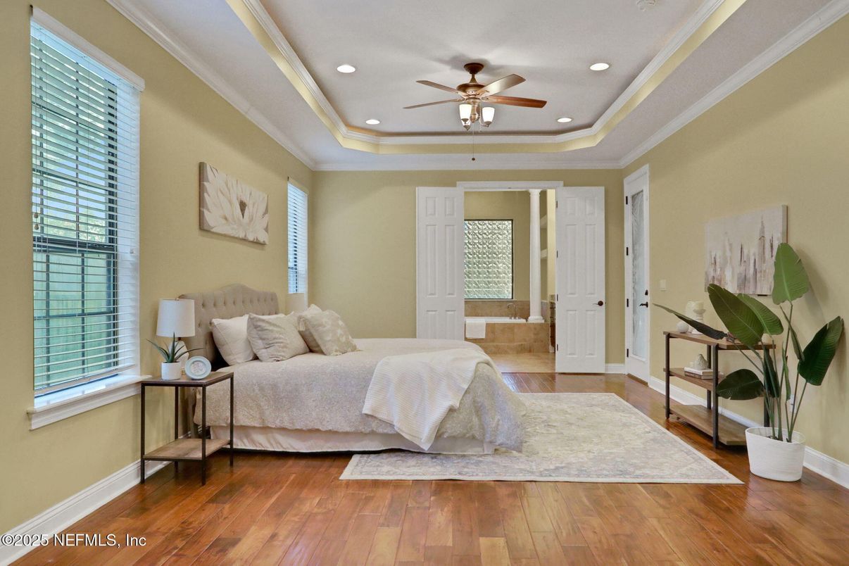 Bedroom, Interior, Recessed Lighting, Wood Texture Flooring
