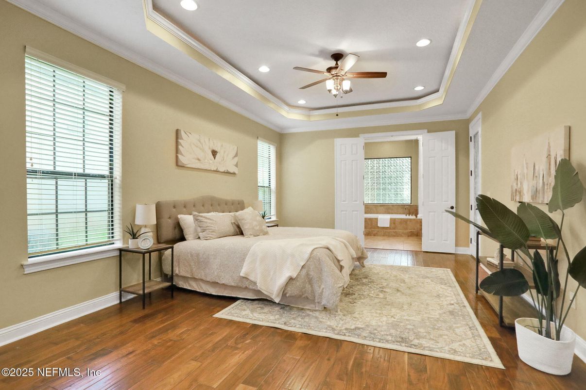 Bedroom, Interior, Recessed Lighting, Wood Texture Flooring