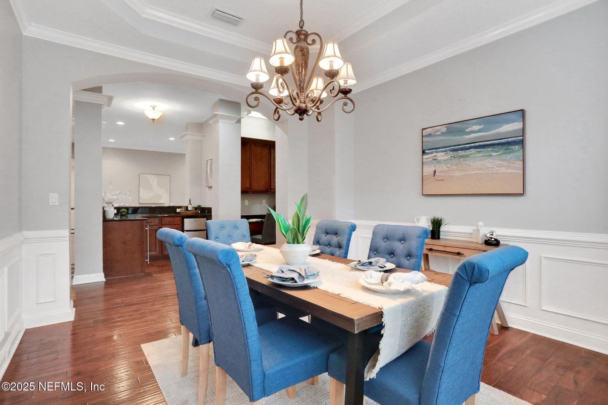 Chandelier, Dining room, Interior, Wood Texture Flooring