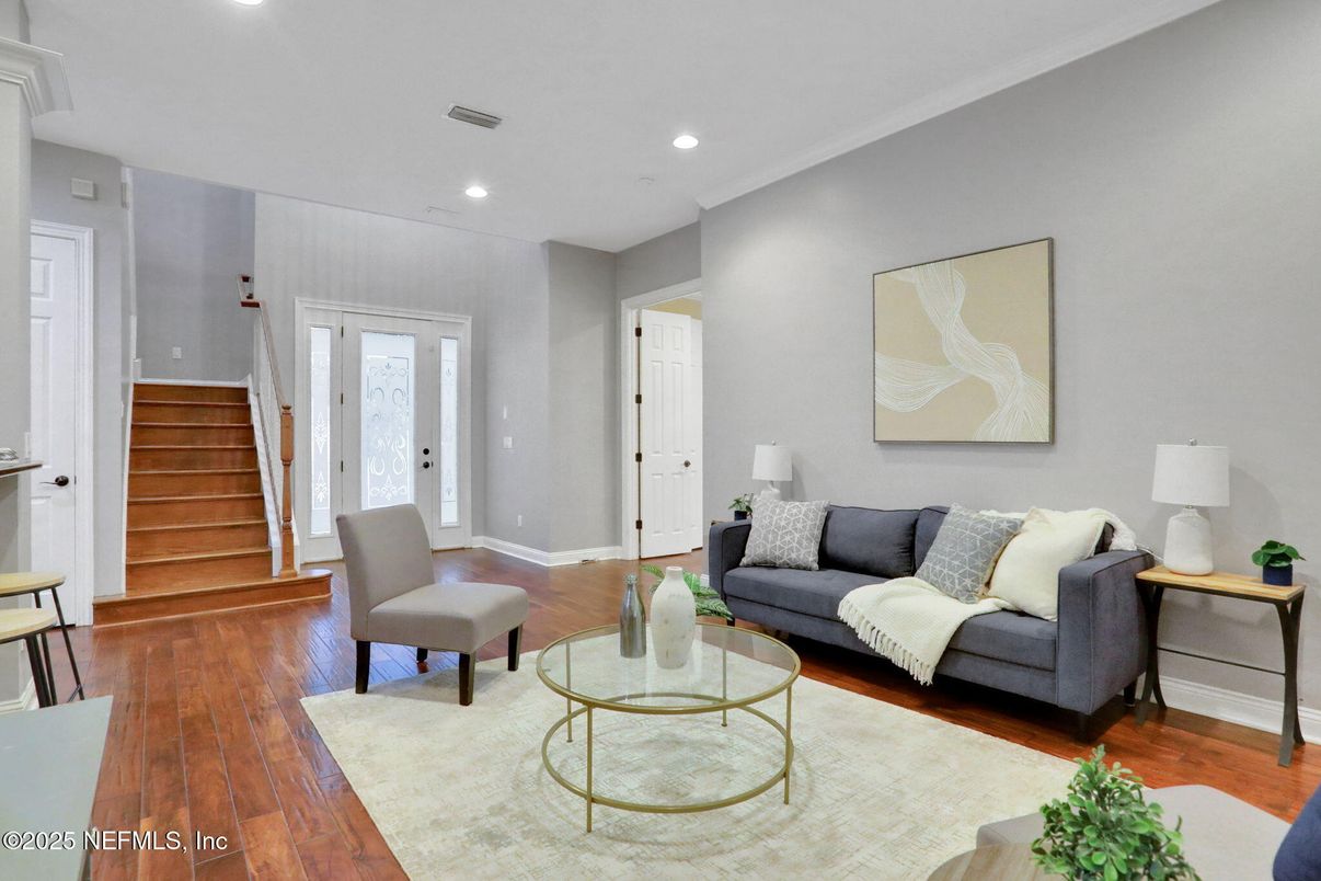 Interior, Living room, Recessed Lighting, Wood Texture Flooring