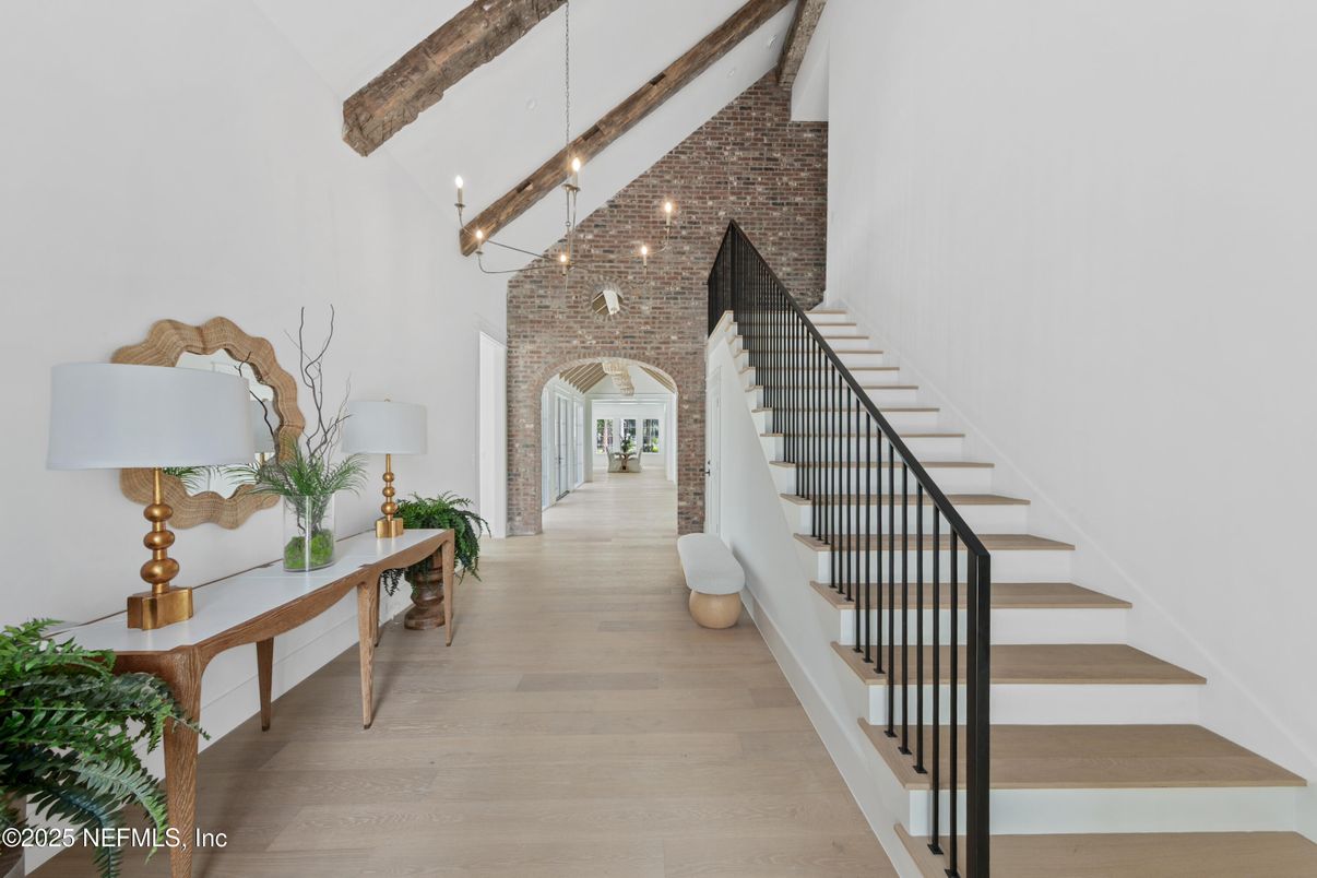 Interior, Pendant Lights, Stone Walls, Wooden Beams, Wood Texture Flooring