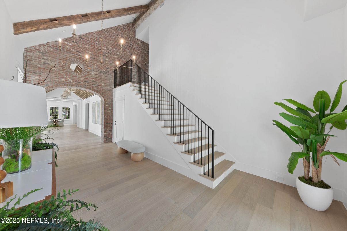 Interior, Pendant Lights, Stone Walls, Wooden Beams, Wood Texture Flooring