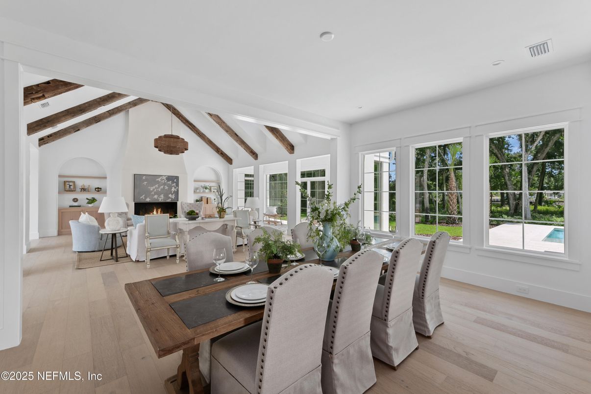 Dining room, Fireplace, Interior, Living room, Pendant Lights, Recessed Lighting, Wooden Beams, Wood Texture Flooring