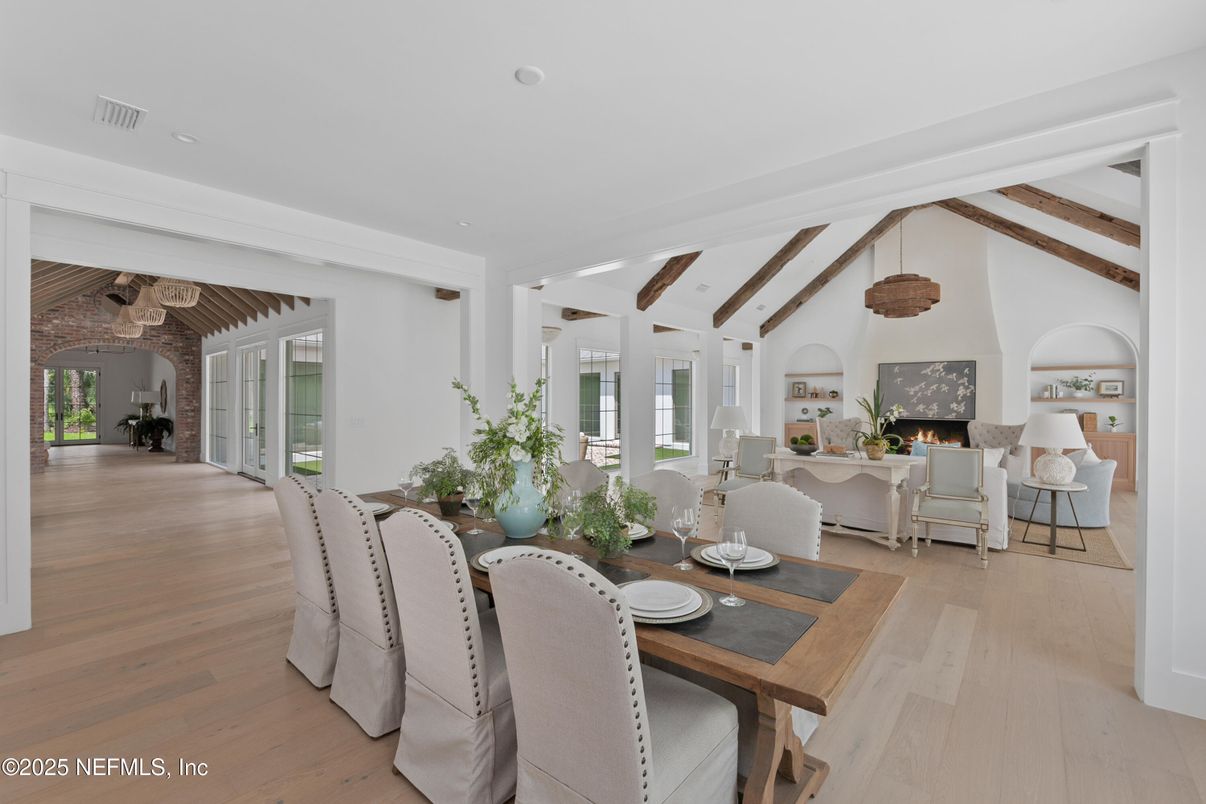 Dining room, Fireplace, Interior, Living room, Pendant Lights, Wooden Beams, Wood Texture Flooring