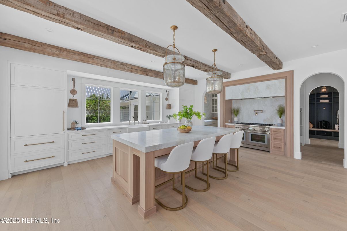 Interior, Kitchen, Pendant Lights, Stainless Steel Appliances, Wooden Beams, Wood Texture Flooring