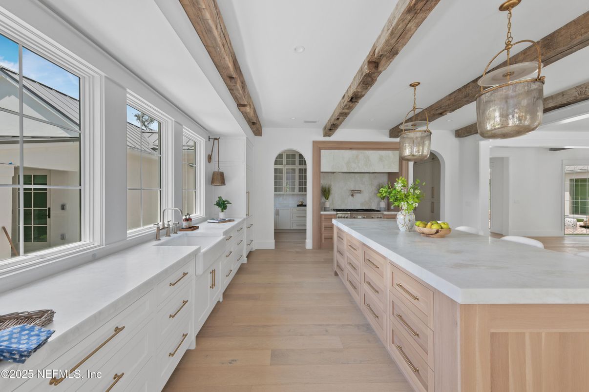Interior, Kitchen, Pendant Lights, Recessed Lighting, Wooden Beams, Wood Texture Flooring