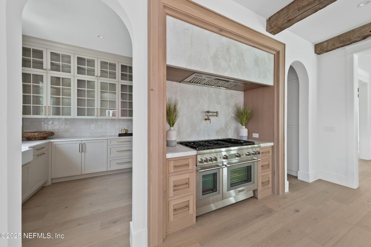 Interior, Kitchen, Recessed Lighting, Stainless Steel Appliances, Wooden Beams, Wood Texture Flooring