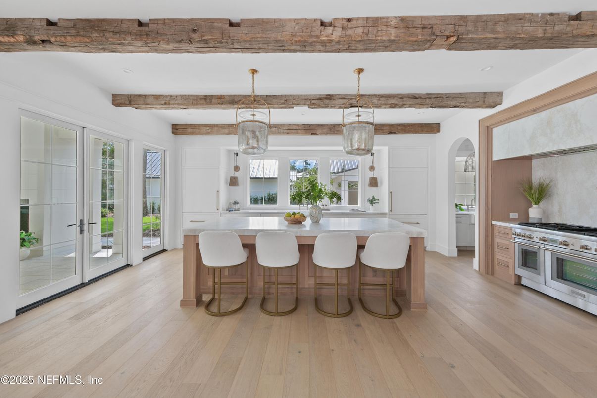 Dining room, Interior, Kitchen, Pendant Lights, Stainless Steel Appliances, Wooden Beams, Wood Texture Flooring