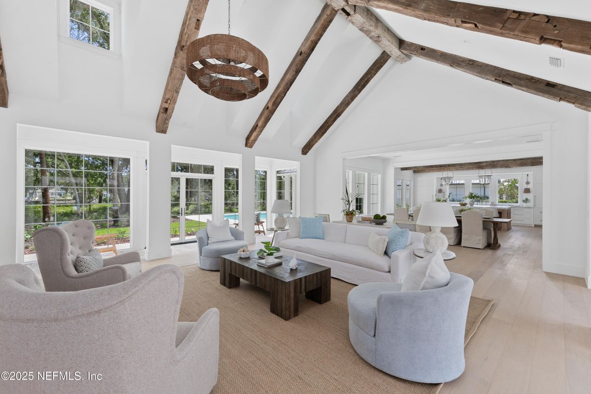 Dining room, Interior, Living room, Pendant Lights, Wooden Beams, Wood Texture Flooring