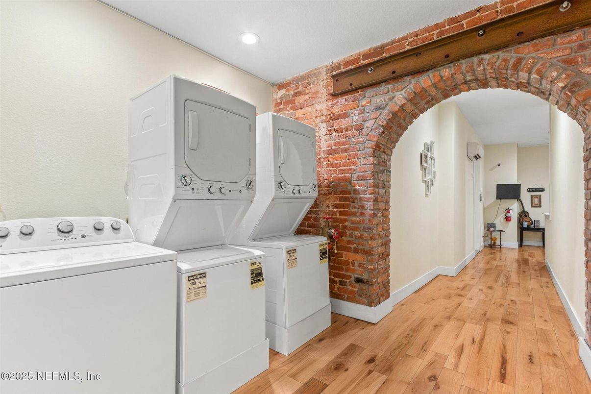 Interior, Recessed Lighting, Stone Walls, Utility Closets, Washer, Wood Texture Flooring