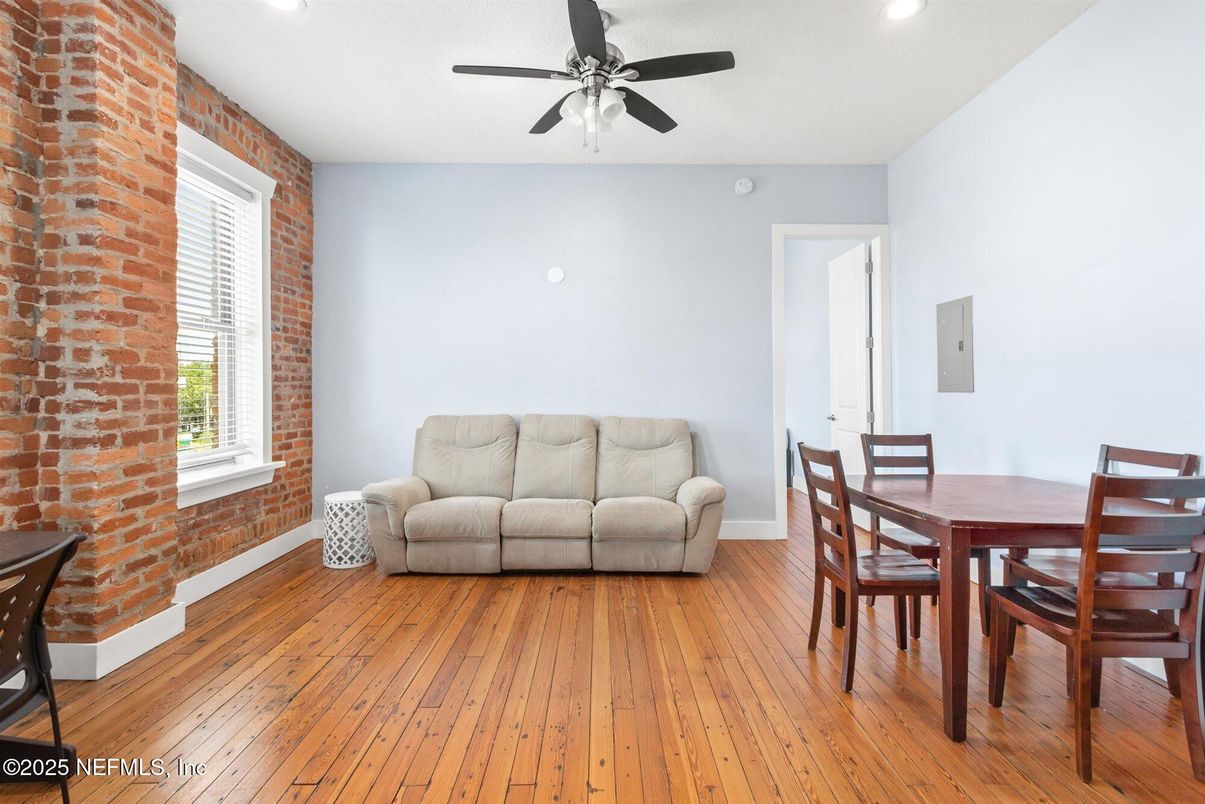 Dining room, Interior, Recessed Lighting, Stone Walls, Wood Texture Flooring