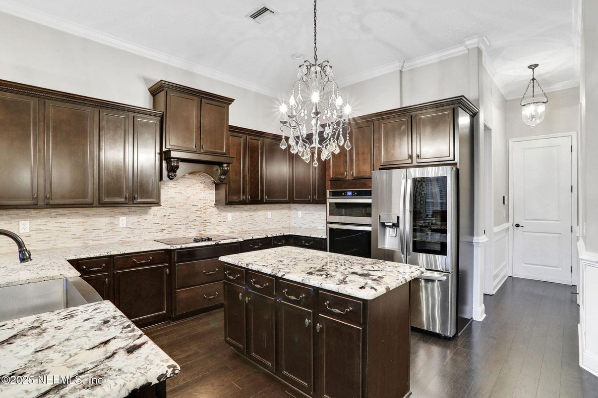 Chandelier, Interior, Kitchen, Pendant Lights, Stainless Steel Appliances, Wood Texture Flooring