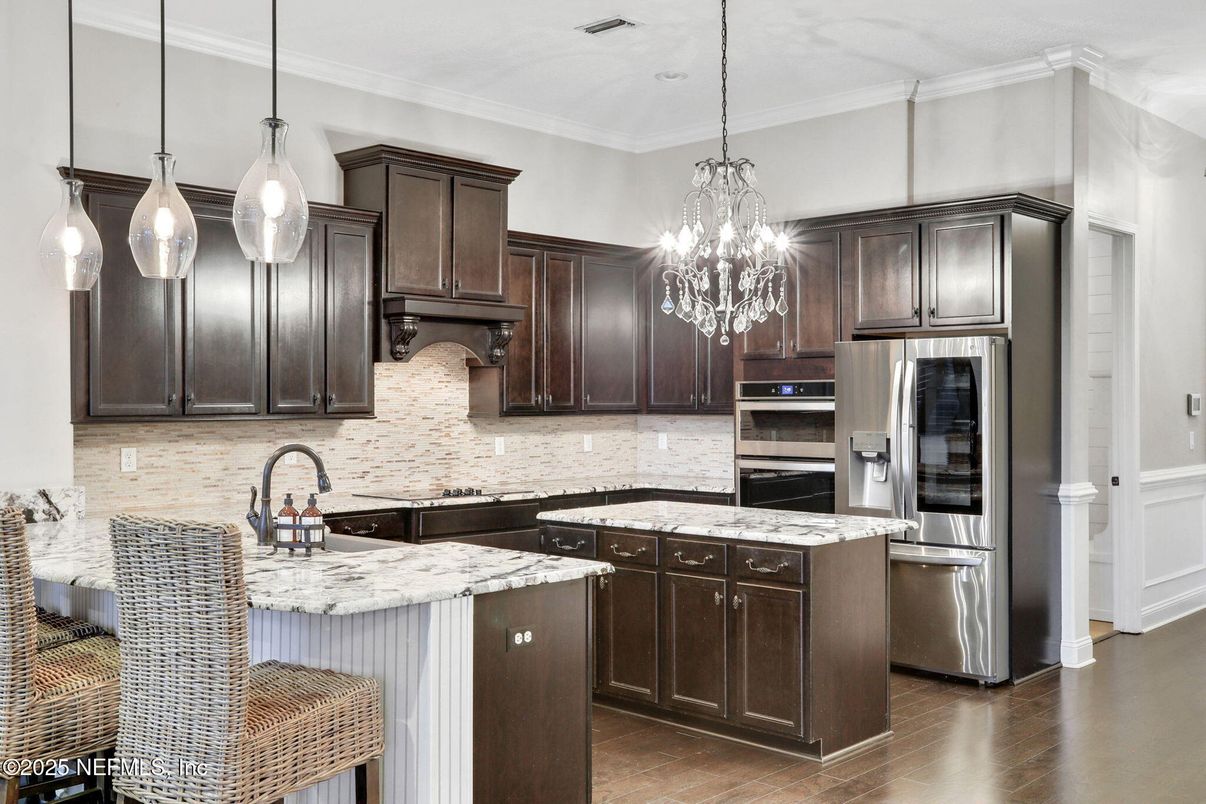 Chandelier, Interior, Kitchen, Pendant Lights, Stainless Steel Appliances, Wood Texture Flooring
