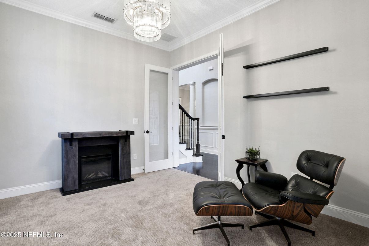 Chandelier, Fireplace, Interior