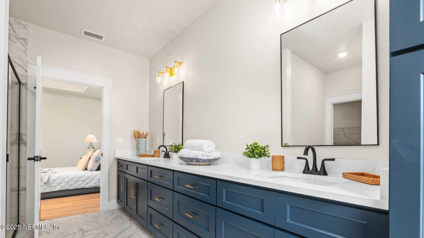 Bathroom, Bedroom, Dual Sink Vanities, Interior, Marble, Recessed Lighting, Wood Texture Flooring
