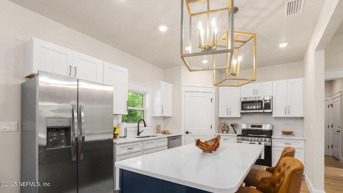 Interior, Kitchen, Recessed Lighting, Stainless Steel Appliances, Wood Texture Flooring