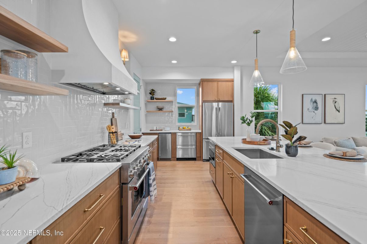 Interior, Kitchen, Pendant Lights, Recessed Lighting, Stainless Steel Appliances, Wood Texture Flooring