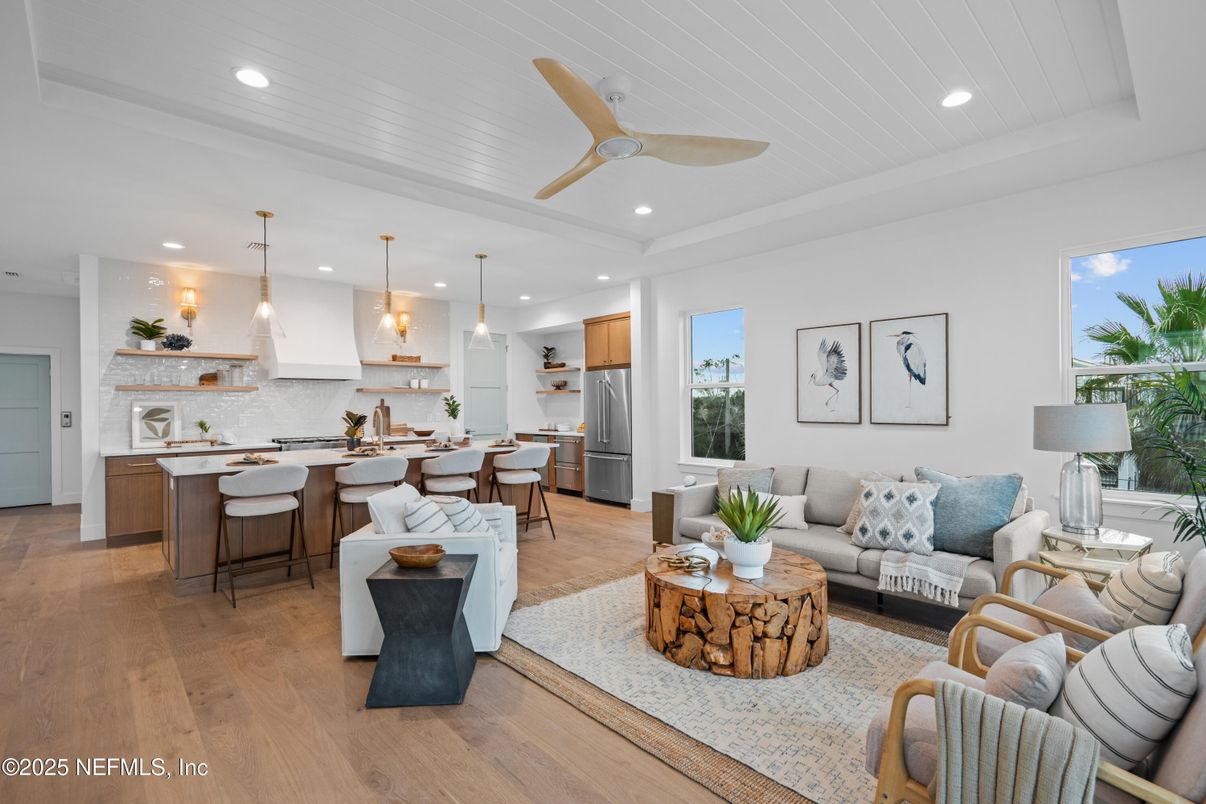 Interior, Kitchen, Living room, Pendant Lights, Recessed Lighting, Stainless Steel Appliances, Wood Texture Flooring