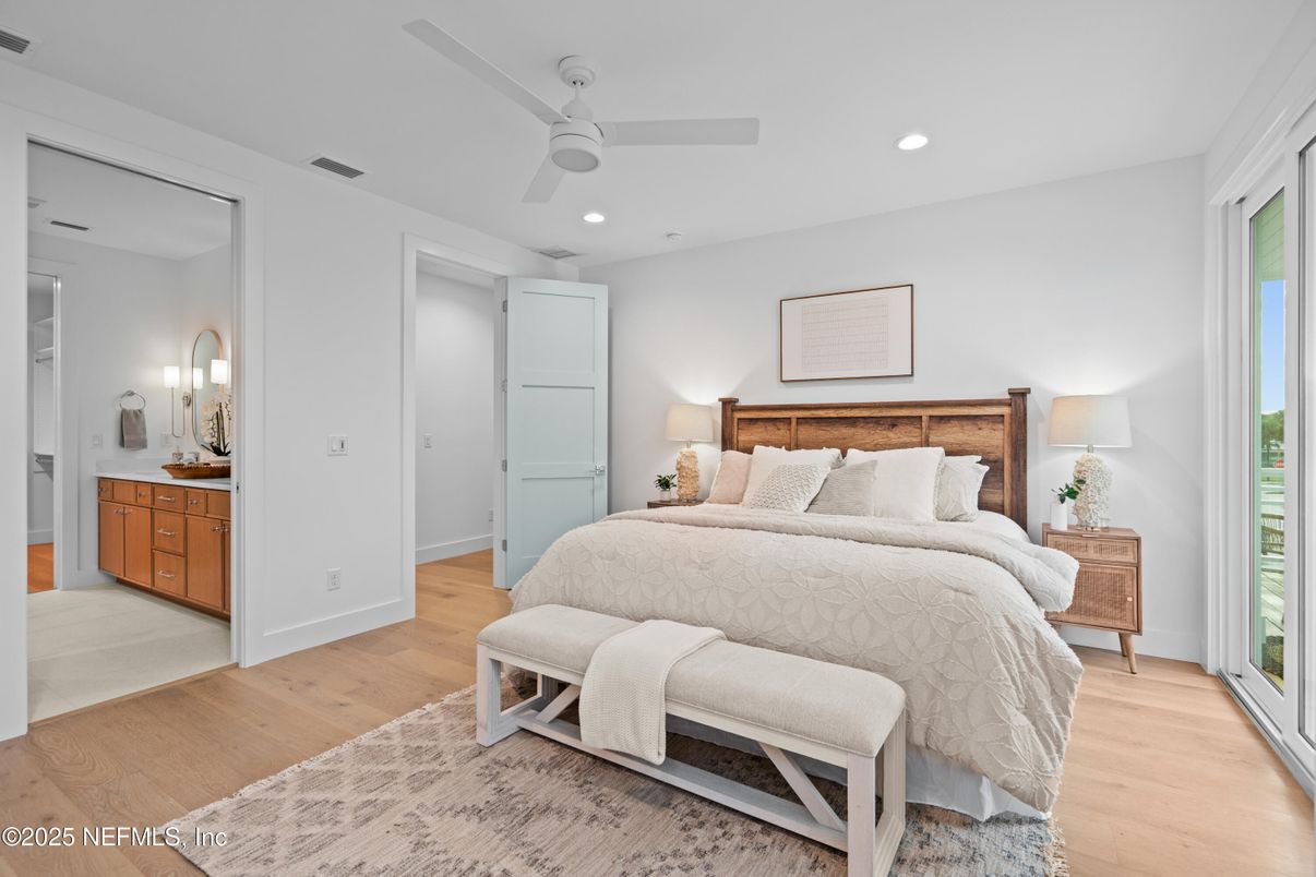 Bedroom, Interior, Recessed Lighting, Wood Texture Flooring