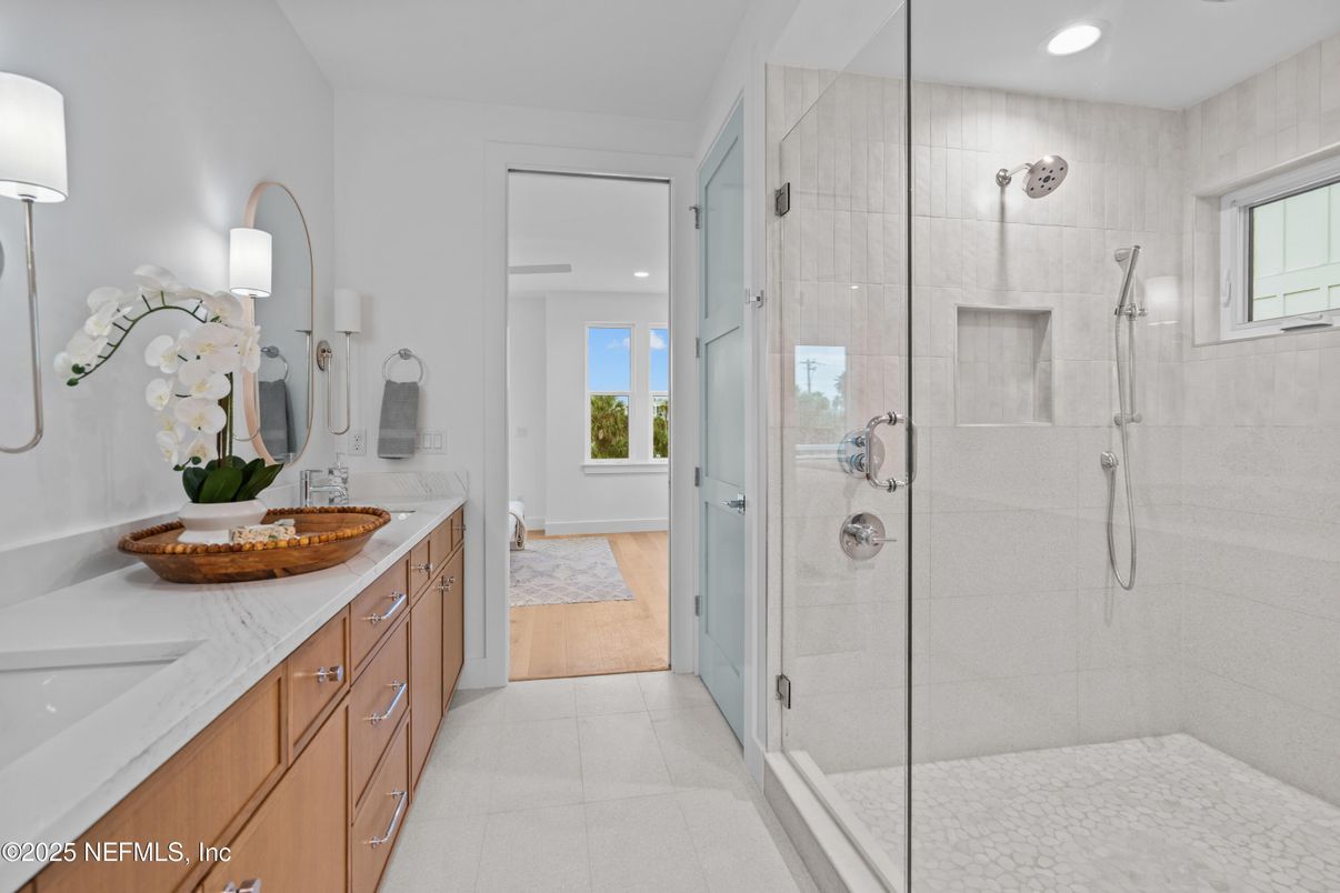 Bathroom, Dual Sink Vanities, Glass Shower, Interior, Recessed Lighting