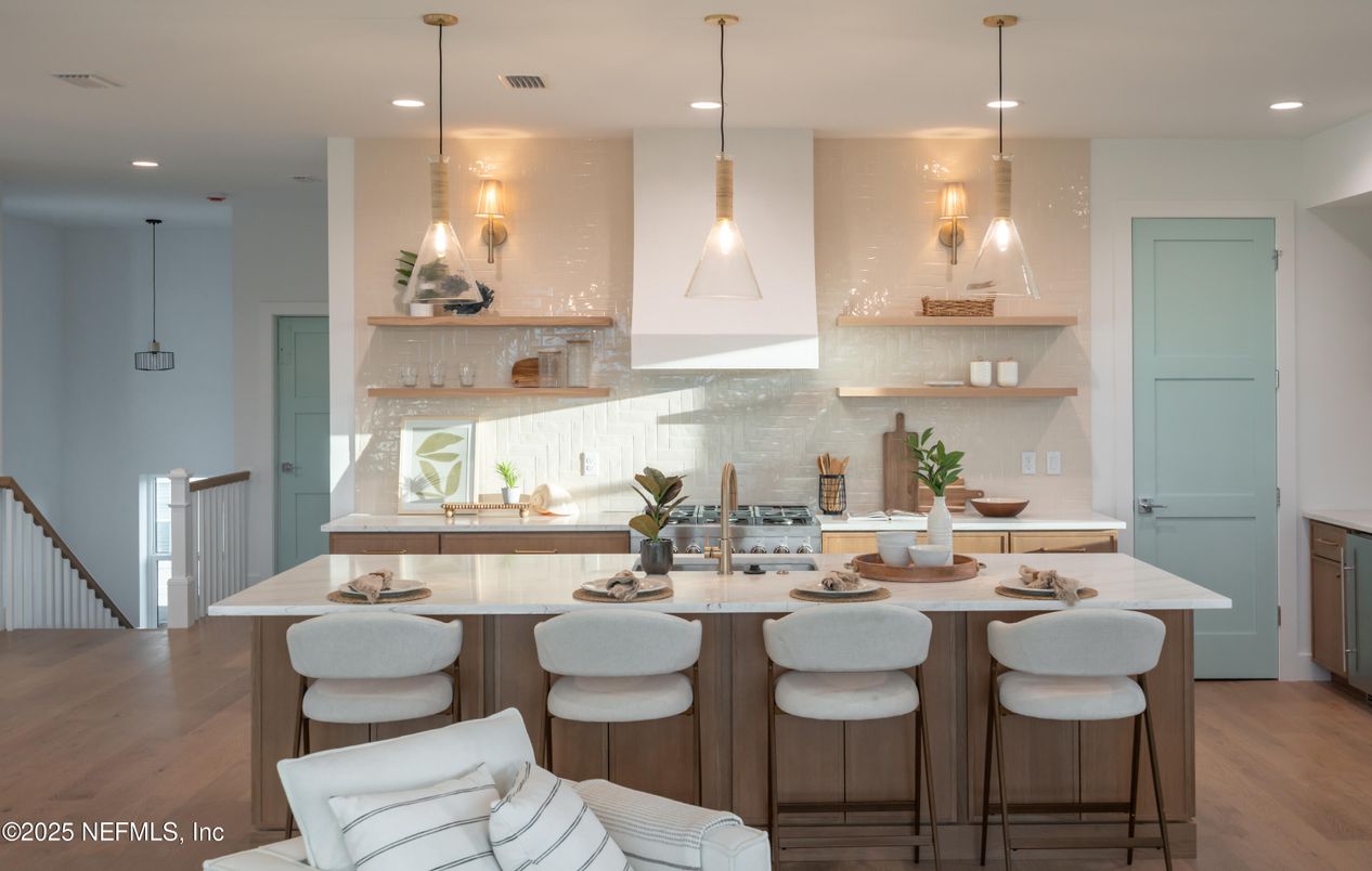 Interior, Kitchen, Pendant Lights, Recessed Lighting, Wood Texture Flooring