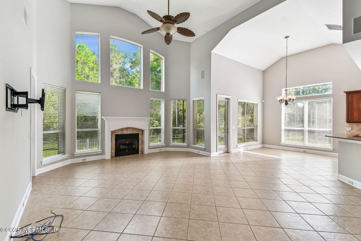 Chandelier, Empty room, Fireplace, Interior