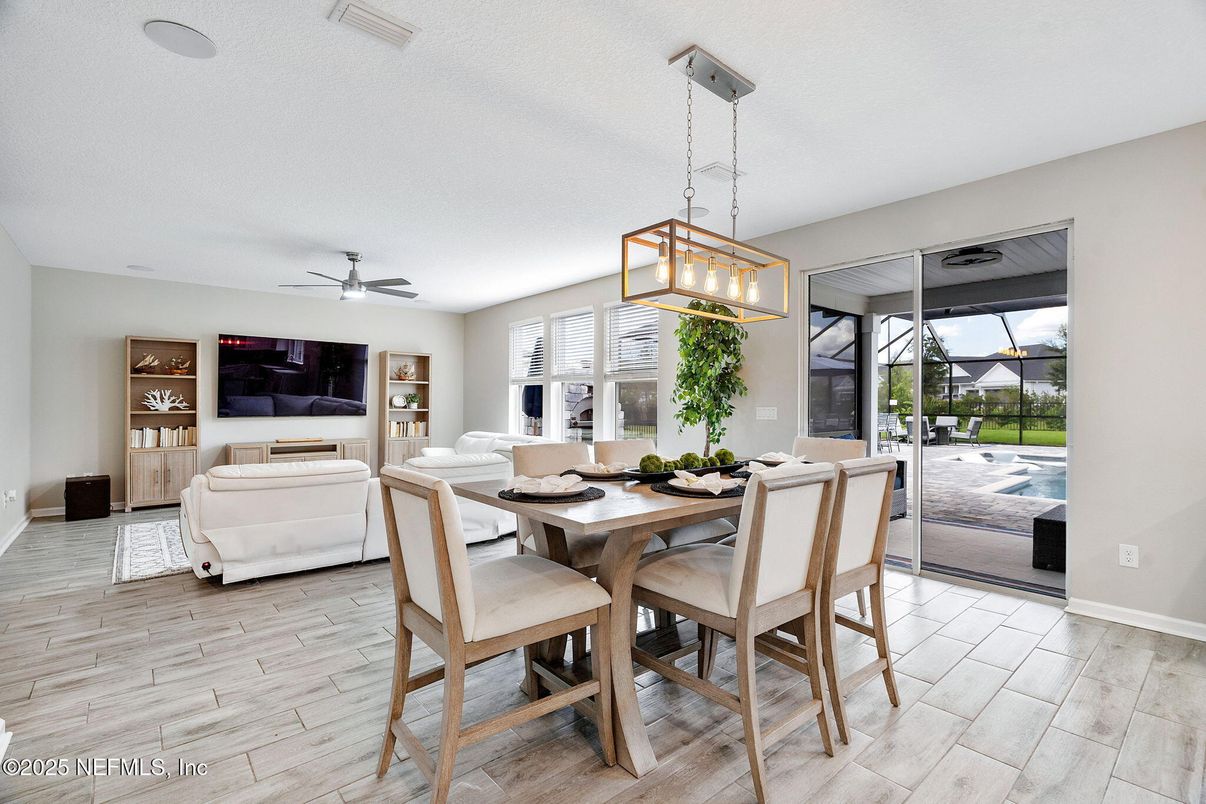 Dining room, Interior, Living room, Pendant Lights, Wood Texture Flooring