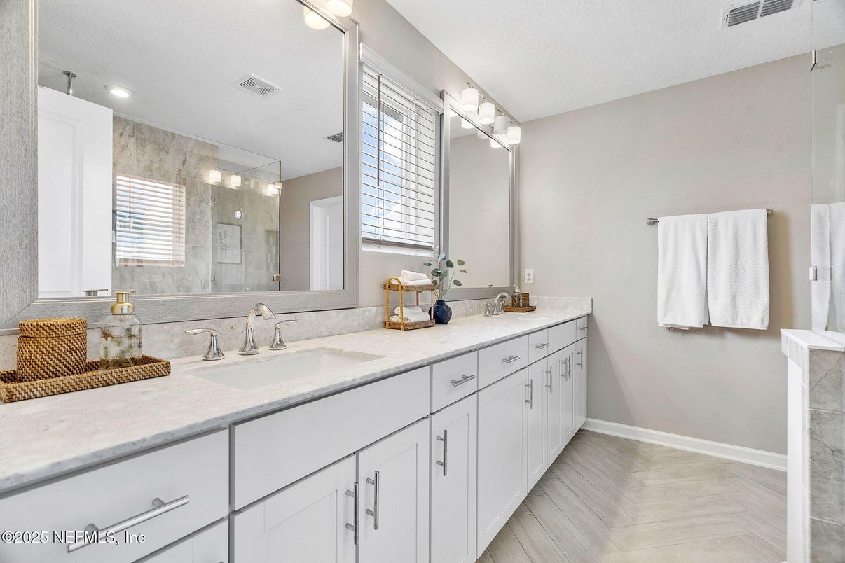 Bathroom, Dual Sink Vanities, Glass Shower, Interior, Recessed Lighting, Wood Texture Flooring