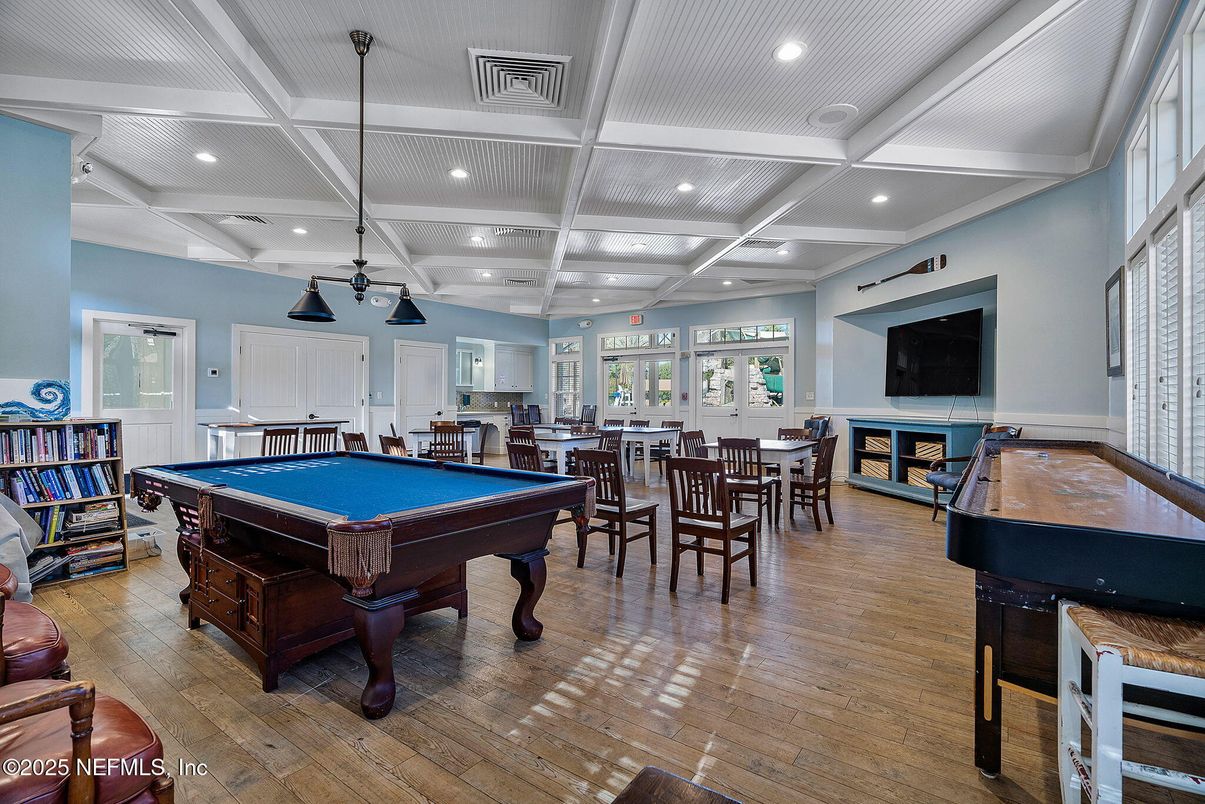 Billiard Table, Dining room, Game Room, Interior, Pendant Lights, Recessed Lighting, Wood Texture Flooring