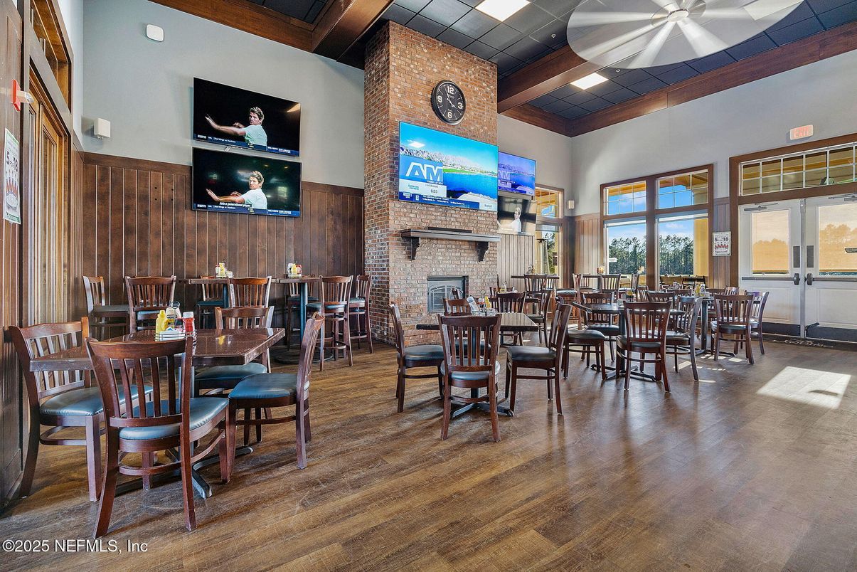 Dining room, Fireplace, Interior, Recessed Lighting, Stone Walls, Wooden Beams, Wooden Ceilings, Wood Texture Flooring, Wooden Walls