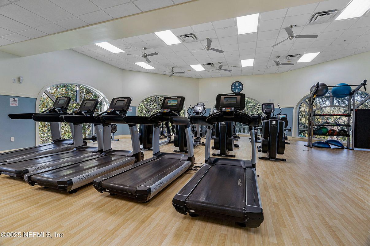 Fitness Equipment, Gym, Interior, Recessed Lighting, Wood Texture Flooring