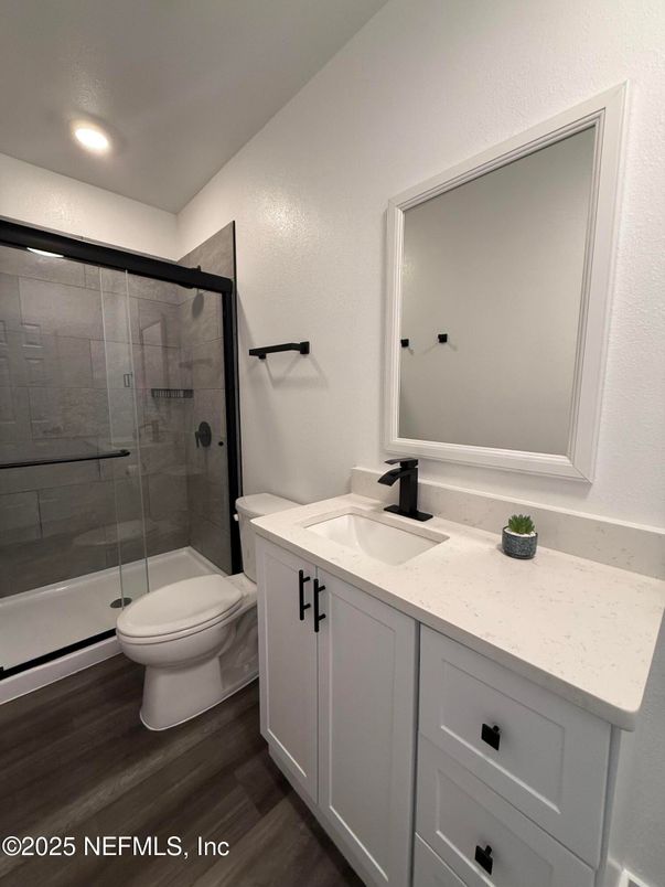 Bathroom, Glass Shower, Interior, Recessed Lighting, Wood Texture Flooring