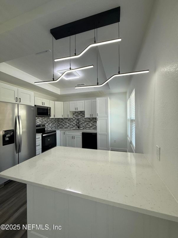 Interior, Kitchen, Pendant Lights, Stainless Steel Appliances, Wood Texture Flooring