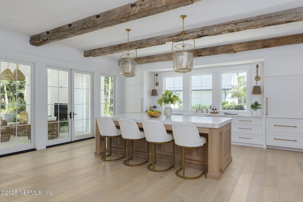Interior, Kitchen, Pendant Lights, Recessed Lighting, Wooden Beams, Wood Texture Flooring