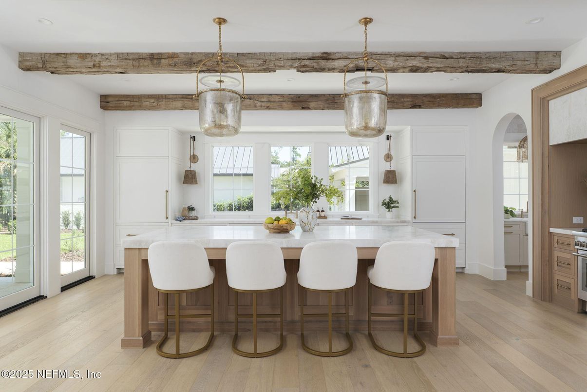 Interior, Kitchen, Pendant Lights, Recessed Lighting, Wooden Beams, Wood Texture Flooring