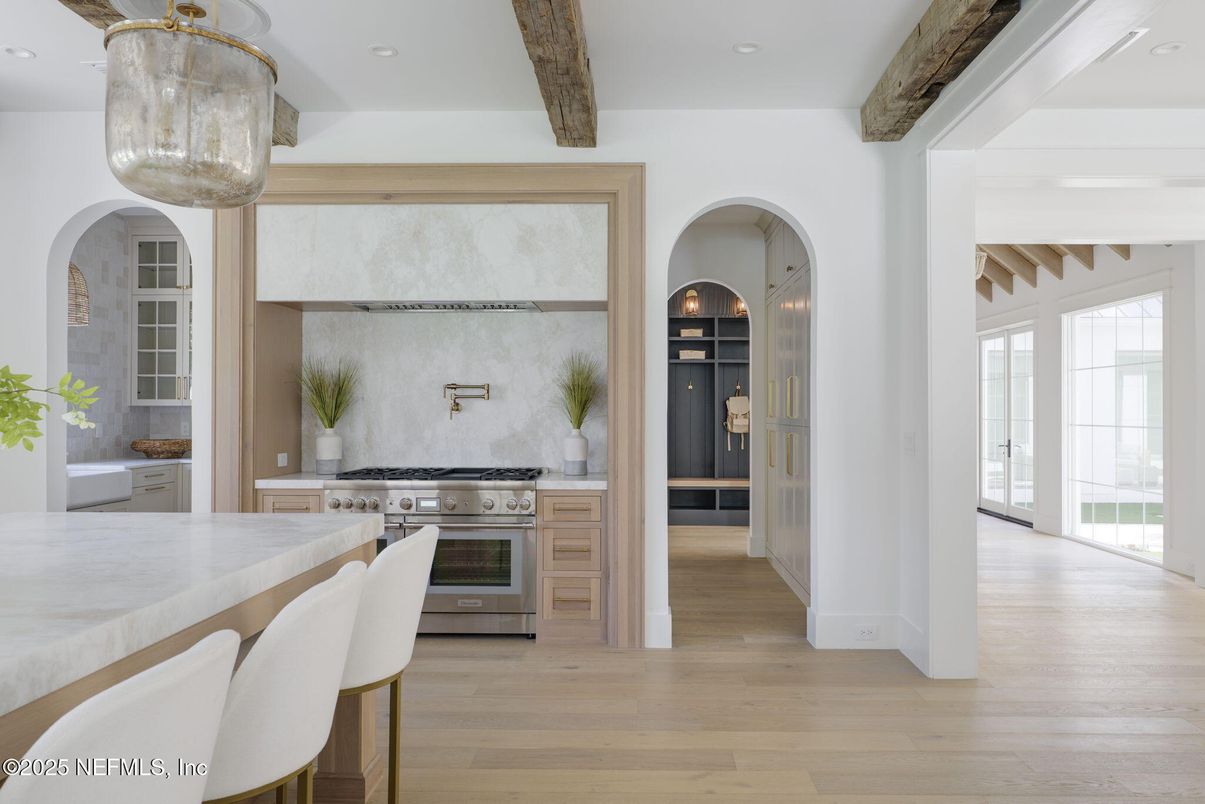 Interior, Kitchen, Recessed Lighting, Stainless Steel Appliances, Wooden Beams, Wood Texture Flooring