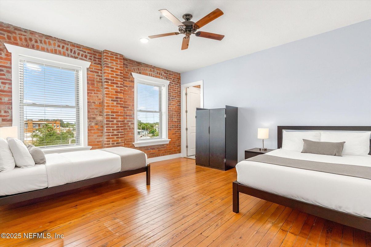 Bedroom, Interior, Recessed Lighting, Stone Walls, Wood Texture Flooring