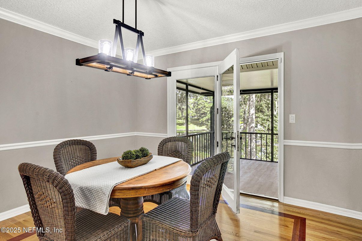 Dining room, Interior, Pendant Lights, Wood Texture Flooring