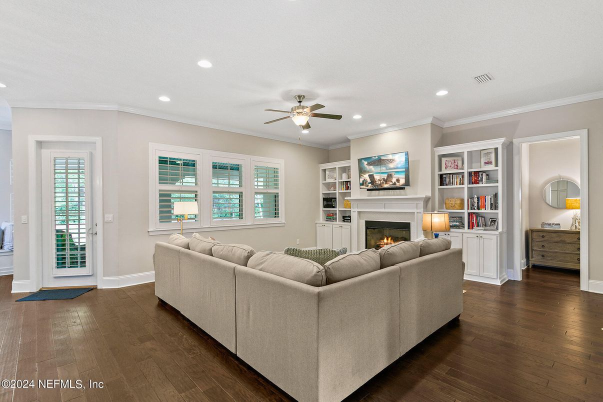 Fireplace, Interior, Living room, Recessed Lighting, Wood Texture Flooring