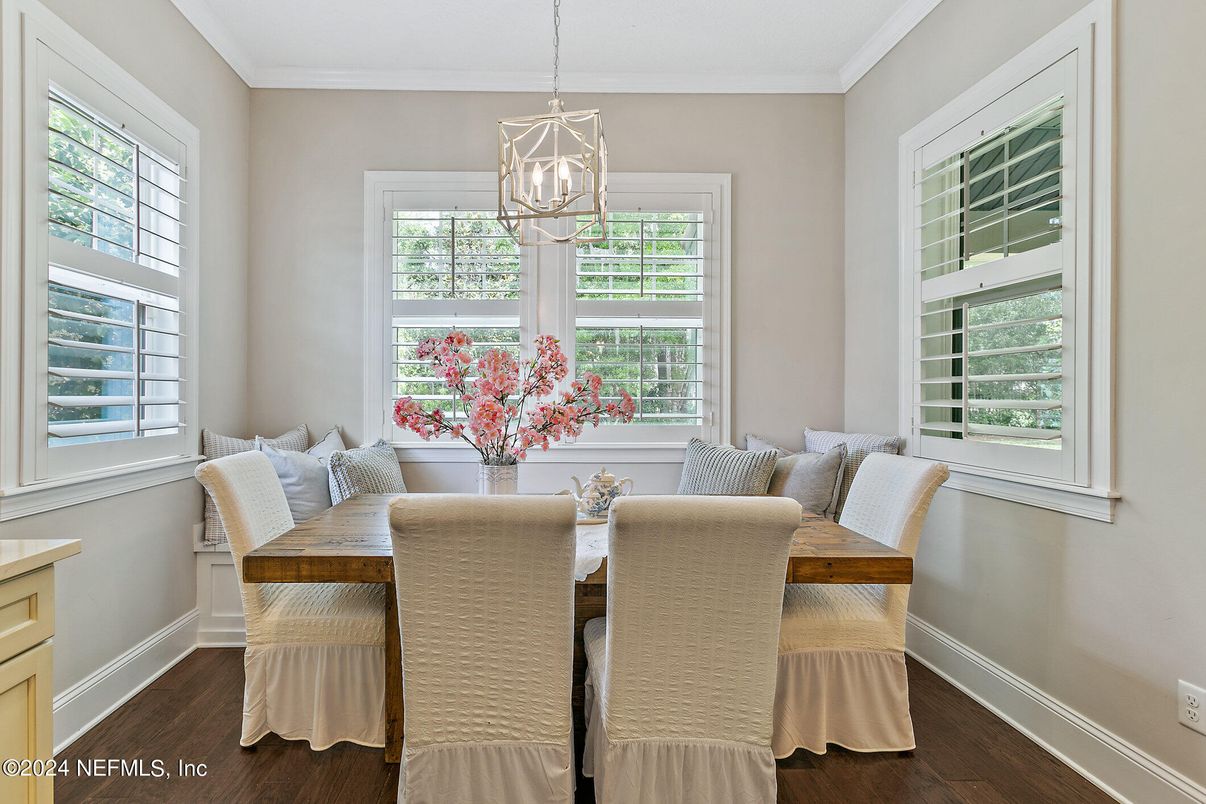 Dining room, Interior, Pendant Lights, Wood Texture Flooring