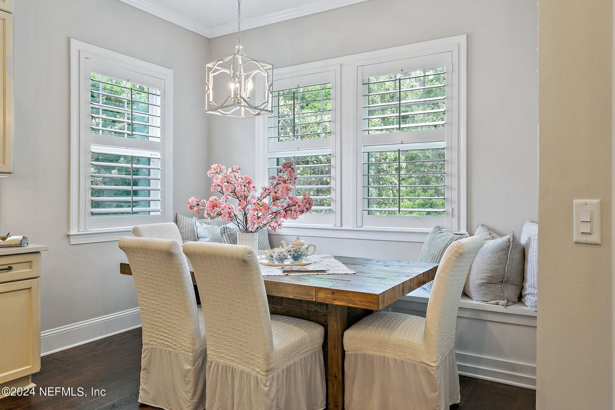 Dining room, Interior, Pendant Lights, Wood Texture Flooring