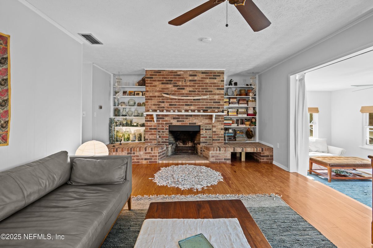 Fireplace, Interior, Living room, Stone Walls, Wood Texture Flooring