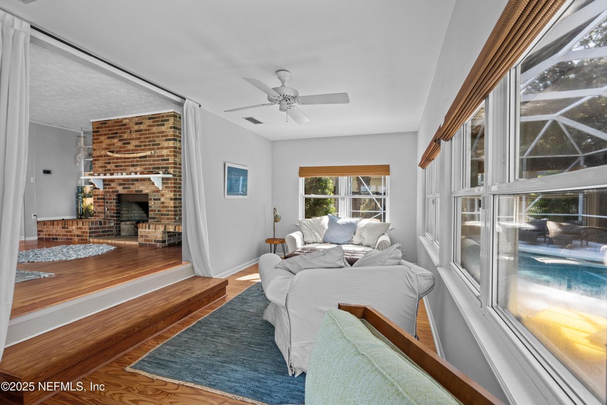 Fireplace, Interior, Living room, Stone Walls, Wood Texture Flooring