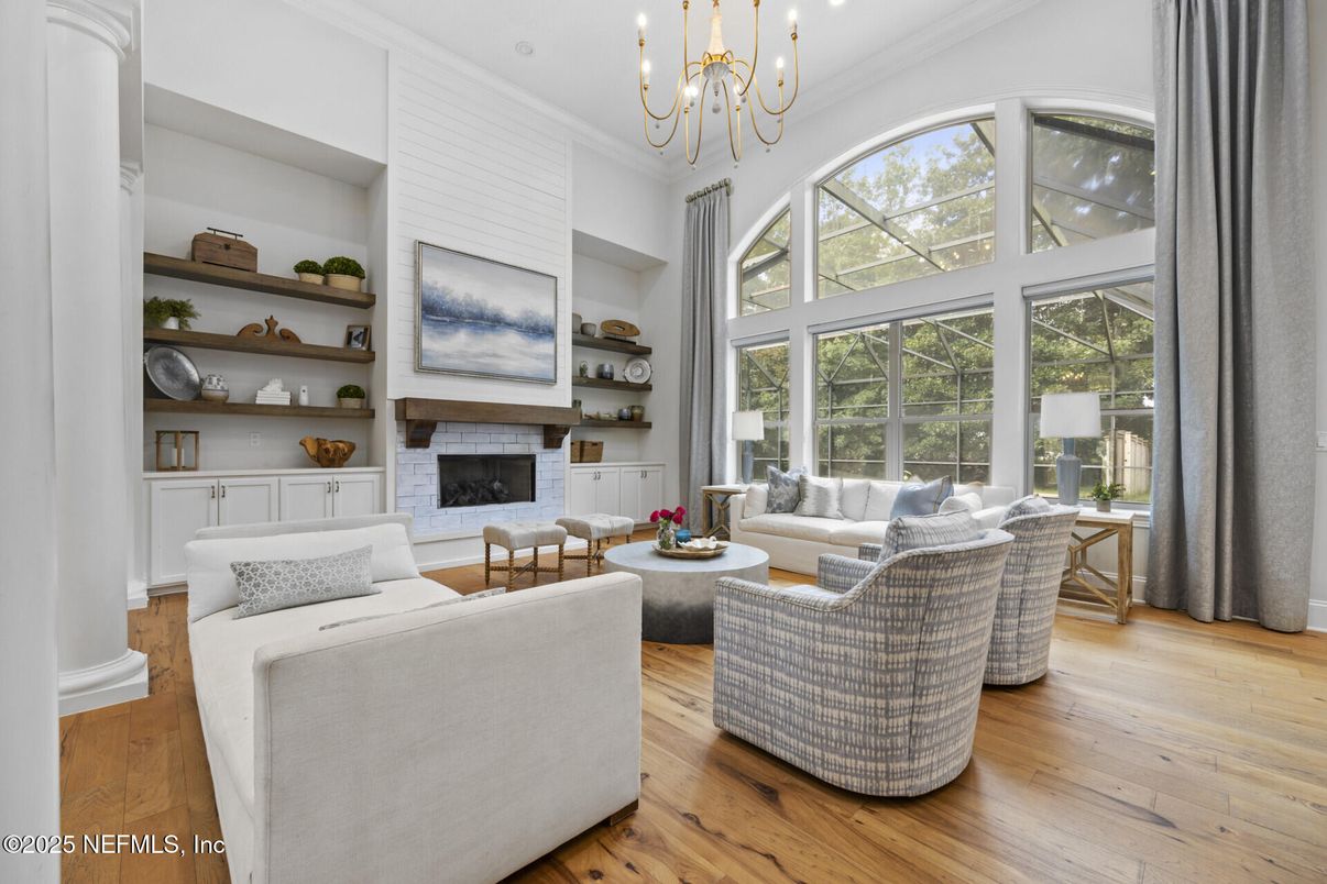Fireplace, Interior, Living room, Pendant Lights, Wood Texture Flooring