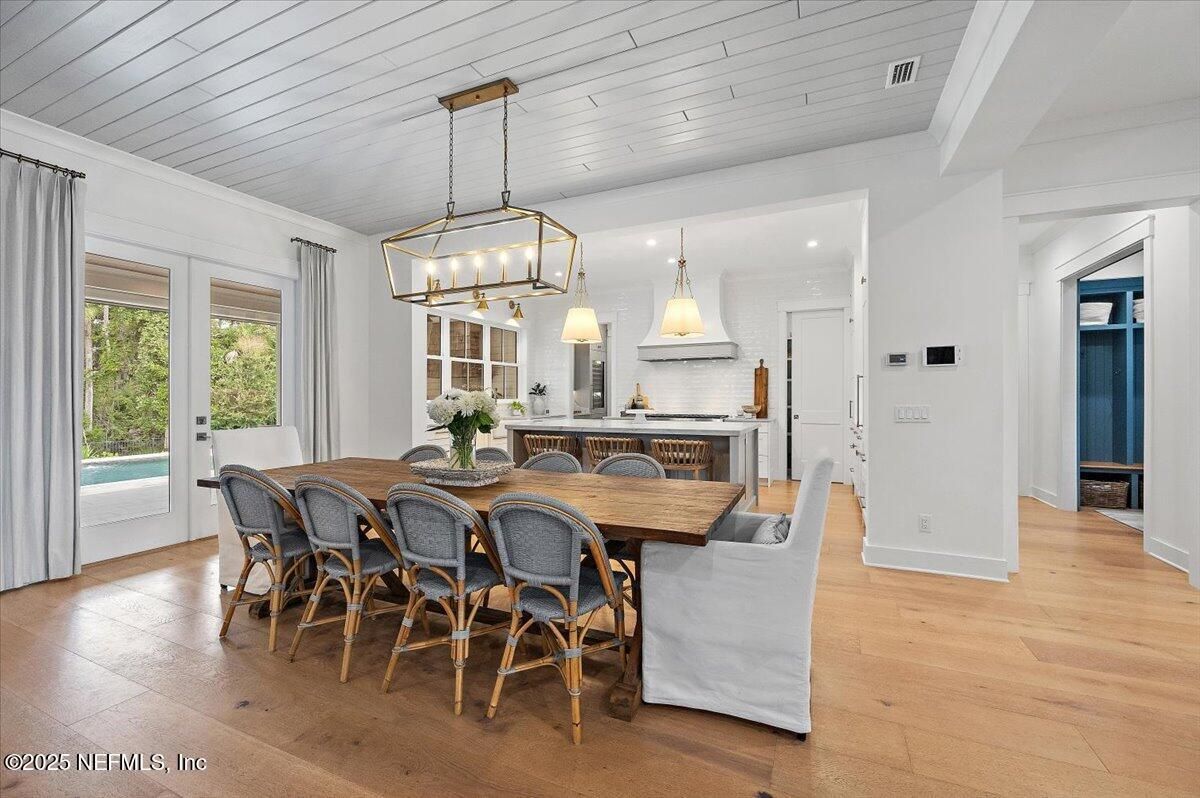 Dining room, Interior, Kitchen, Pendant Lights, Recessed Lighting, Wood Texture Flooring