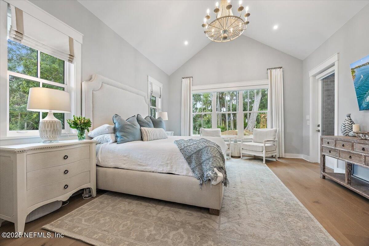 Bedroom, Chandelier, Interior, Pendant Lights, Recessed Lighting, Wood Texture Flooring