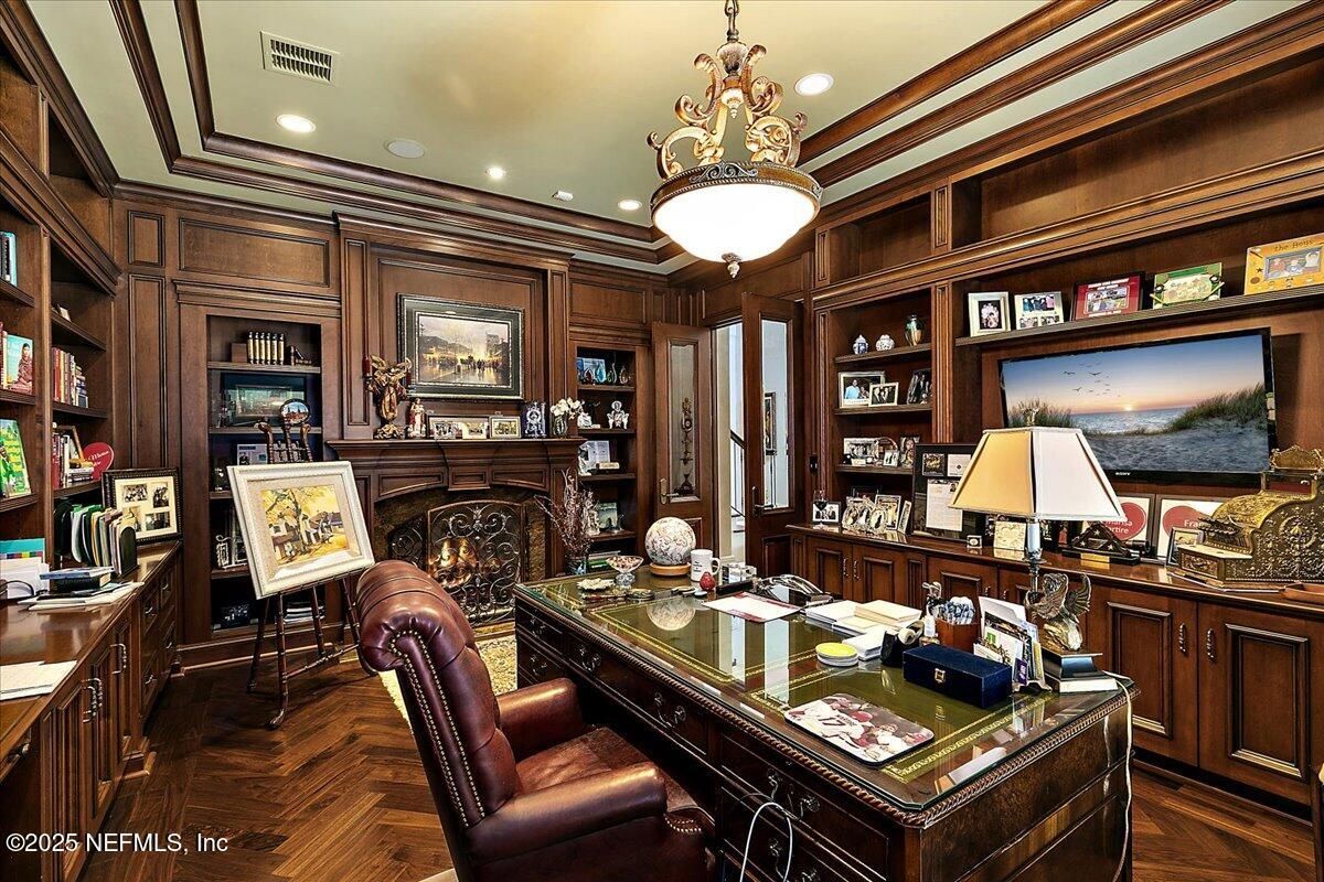 Fireplace, Home Office, Interior, Pendant Lights, Recessed Lighting, Wood Texture Flooring, Wooden Walls