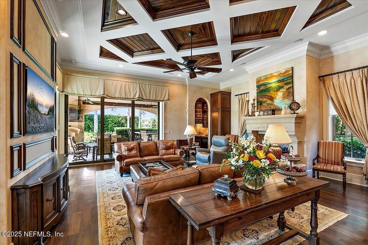 Dining room, Fireplace, Interior, Living room, Recessed Lighting, Wood Texture Flooring