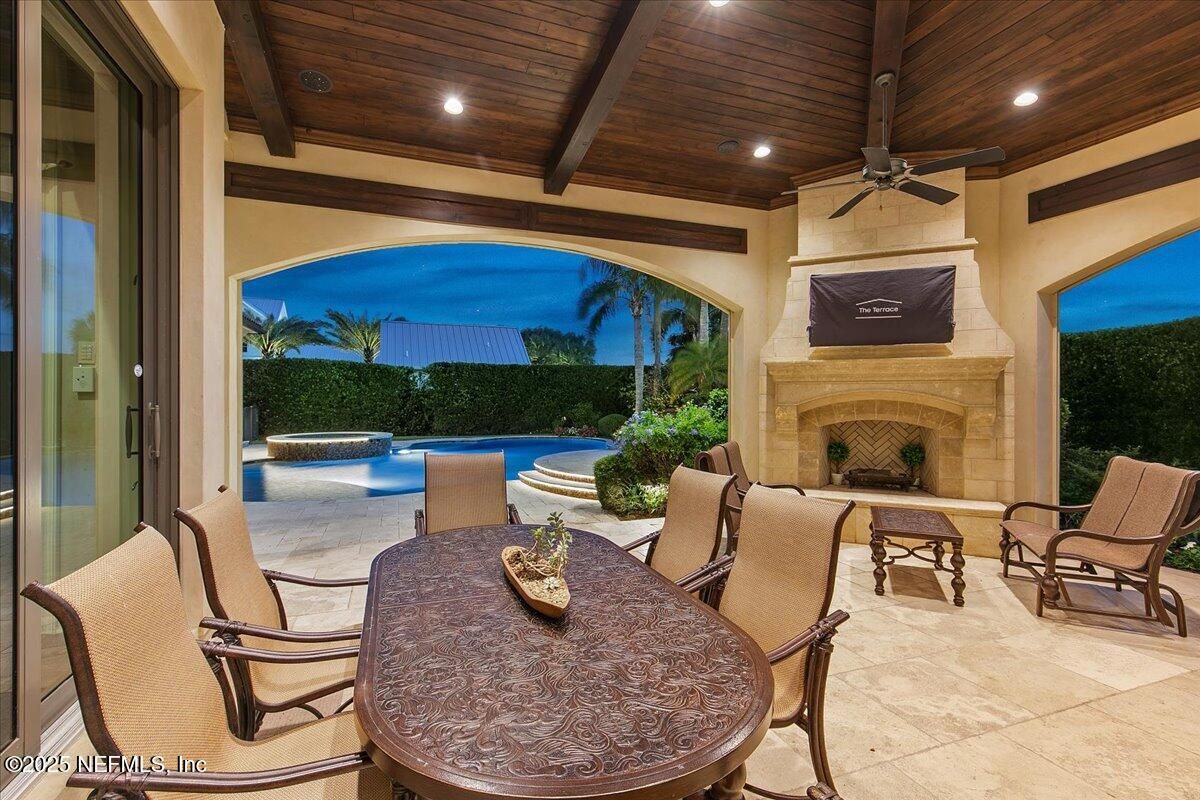 Exterior, Fireplace, Pool, Recessed Lighting, Wooden Ceilings