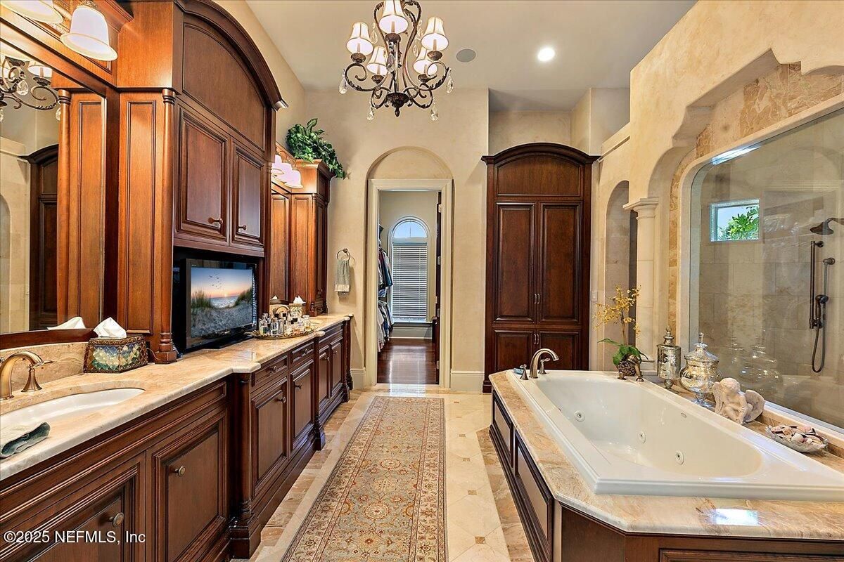 Bathroom, Chandelier, Dual Sink Vanities, Glass Shower, Interior, Recessed Lighting